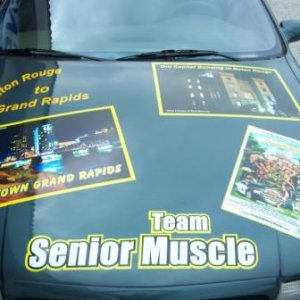 Team Senior Muscle hood with full color pictures of Grand Rapids, Michigan and Baton Rouge.