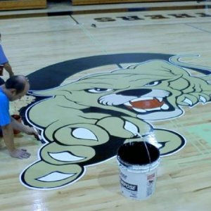 Re-creation from existing school logo. I was paid to reproduce only the mascot from a 4 x 6 photo and paint it on the gymnasium floor.