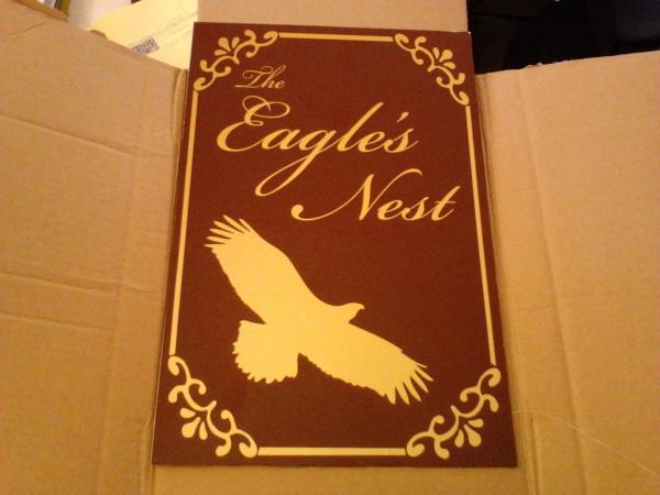 Eagles Nest Gold Foil 12x18 Aluminum Plaque

Christmas Present for a Clients Husband. Edge Printed Gold Foil on Mahogany vinyl with Lamination. Moun