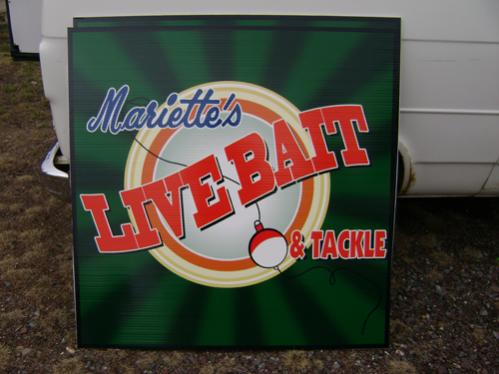 Live Bait May 2008 - 4'x4' sign.  First print at CMY.  Printed 2 tests at CMYK but could not get green right.  Man what a difference CMYK to CMY make.
