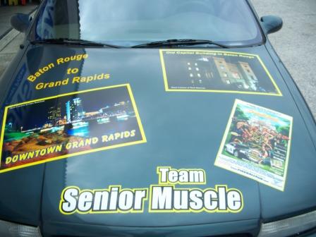 Team Senior Muscle hood with full color pictures of Grand Rapids, Michigan and Baton Rouge.