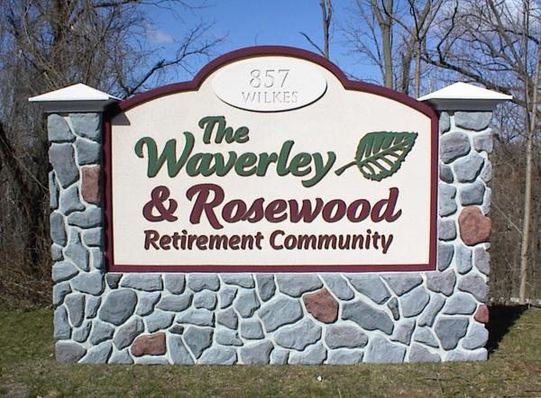Waverly Custom Monument Sign. 
Designed by the respective sign shop. 
Manufactured by Peachtree City Foamcraft. 
Hand Sculpted Faux Stone Accents,