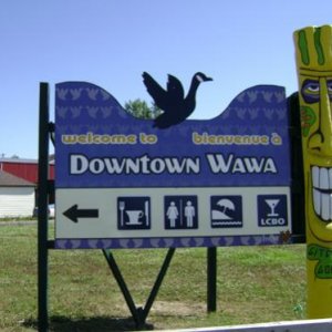 8' x 6' Directional Sign for Town.  CMY Print.  Yellow Gitchee Goomee, (totem) made by local artist.  www.gitcheegomme.com