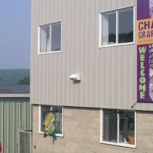Our new building again, this time with our banners up.