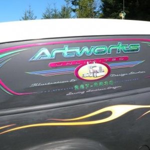 shop truck passenger side details. candy colours over spun silver leaf.....really pops when the sun hits it!! also has my hot-rod Peterbilt illustrati