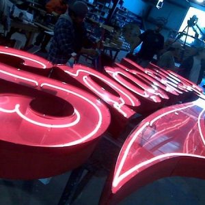 flush mount channel letters, .080 returns, red neon, the faces are clear acrylic that we cast our embossed faces out of.