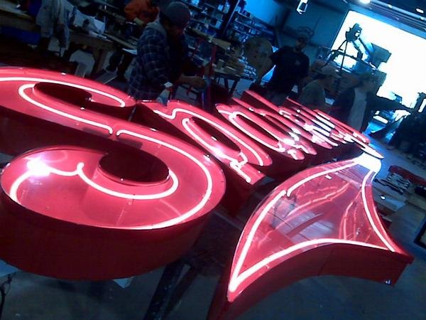 flush mount channel letters, .080 returns, red neon, the faces are clear acrylic that we cast our embossed faces out of.